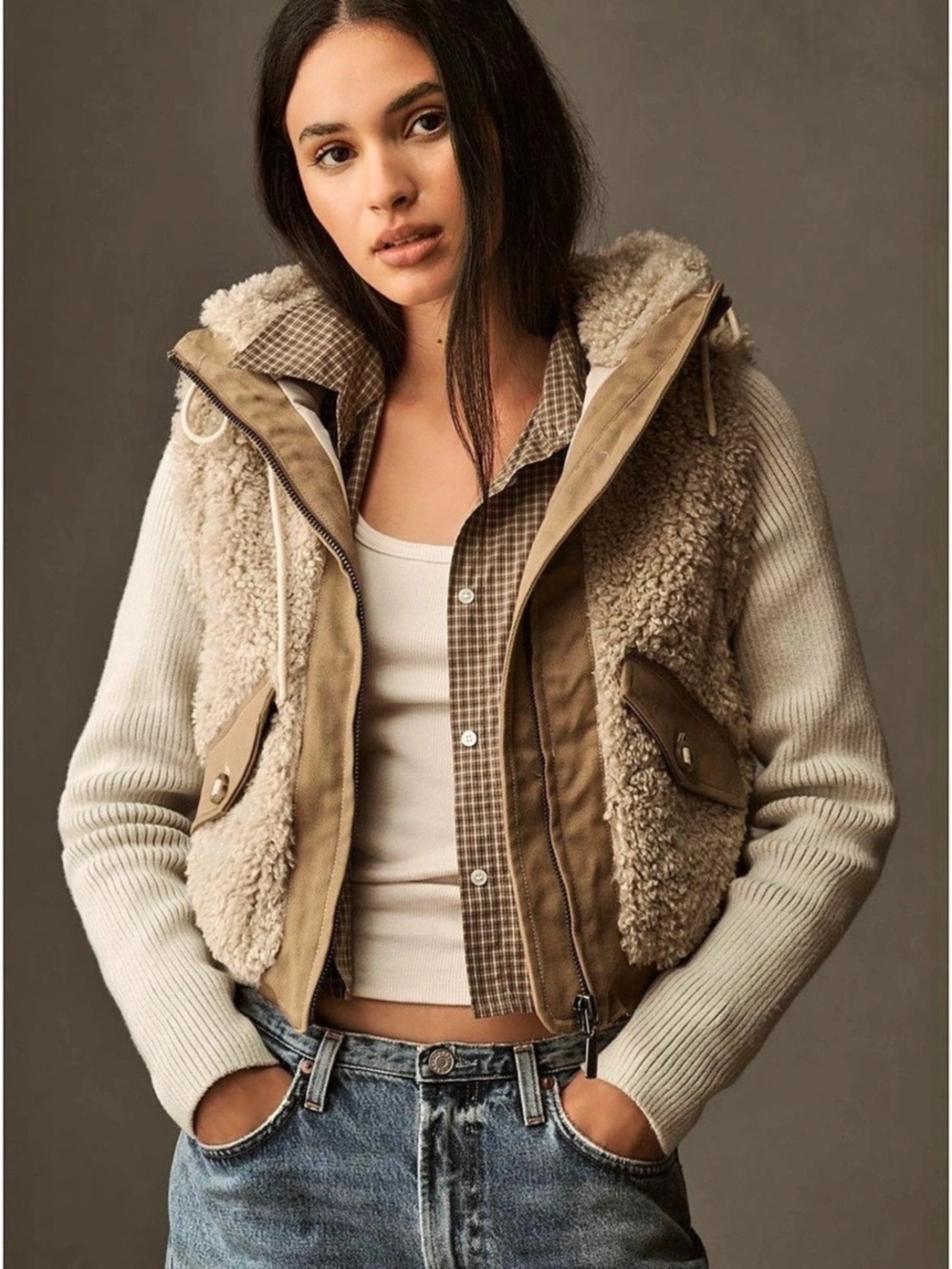 Anthropologie Pilcro Hooded Sherpa Fleece Sweater Jacket Sherpa Hooded Vest in